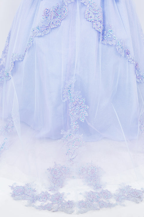 Girls Blue Floral See-Through Corset Two-Tone Embroidery Off Shoulder Ball Gown 2-16